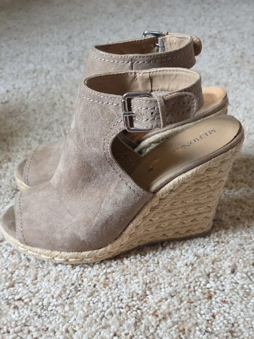 Taupe Suede Peep-Toe Wedge Sandals - Women 8.5